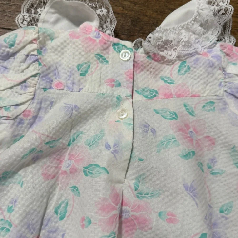Kidz-Sational Vintage Floral Seersucker Baby Top Lace‎ Trim Pink Purple 1330